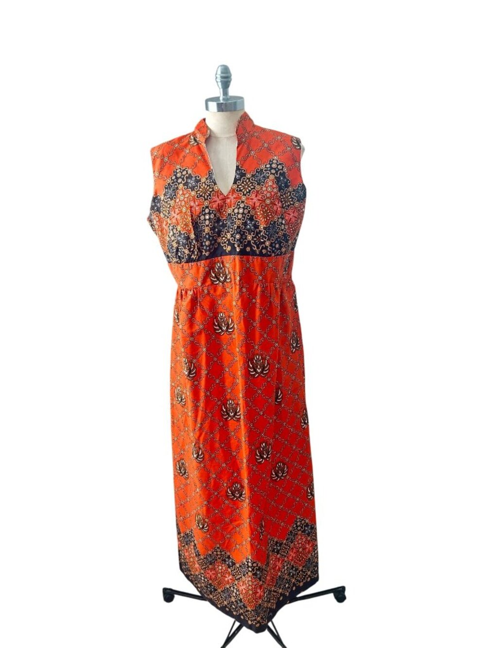 Vintage Penneys Hawaii Orange & Black Sleeveless Maxi Dress XLTodays Large Retro
